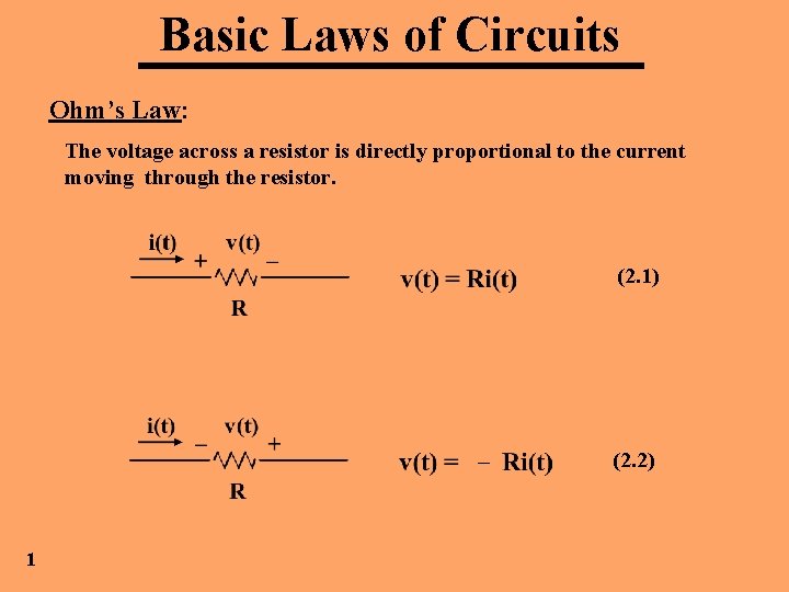 Basic Laws of Circuits Ohm’s Law: The voltage across a resistor is directly proportional