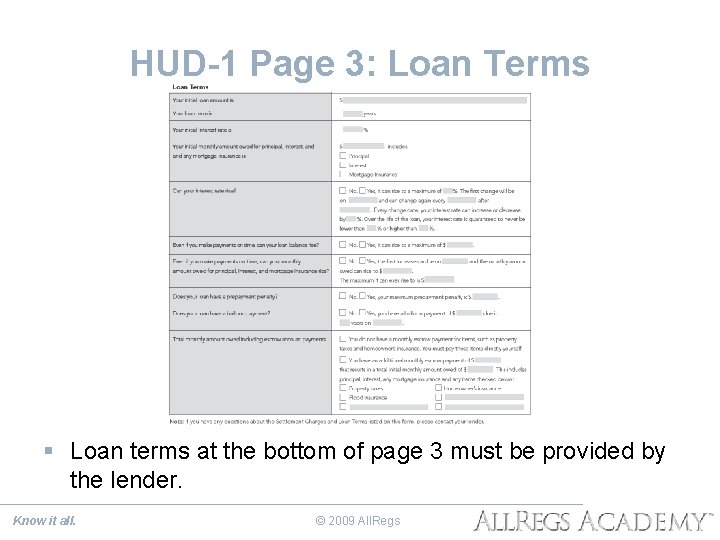 HUD-1 Page 3: Loan Terms § Loan terms at the bottom of page 3