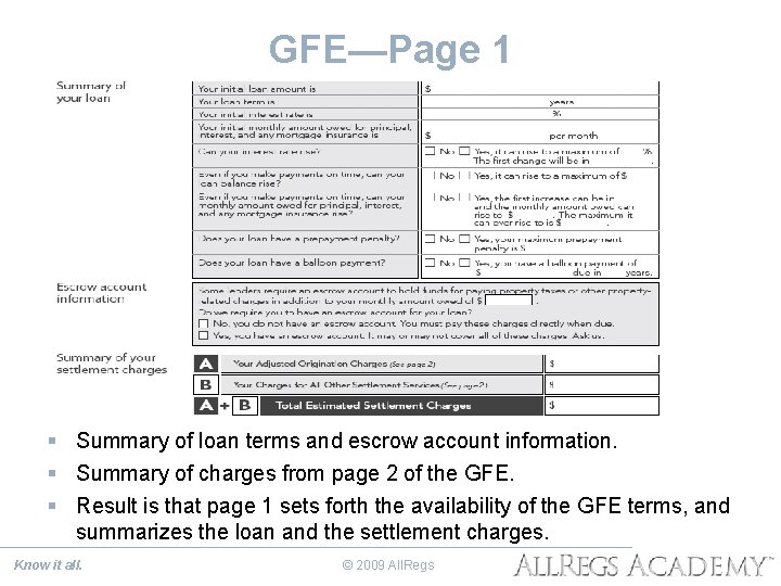 GFE—Page 1 § Summary of loan terms and escrow account information. § Summary of