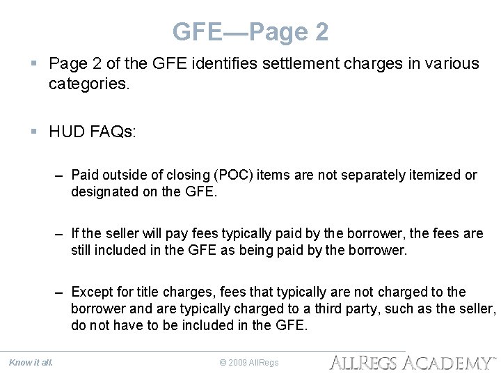 GFE—Page 2 § Page 2 of the GFE identifies settlement charges in various categories.