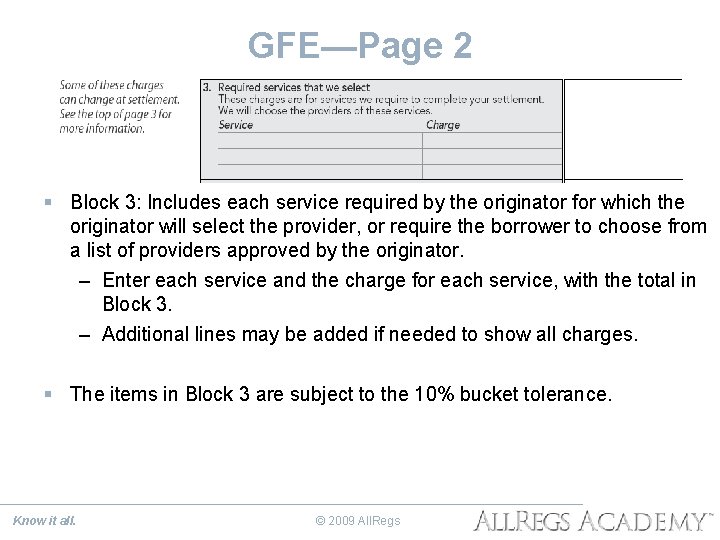 GFE—Page 2 § Block 3: Includes each service required by the originator for which
