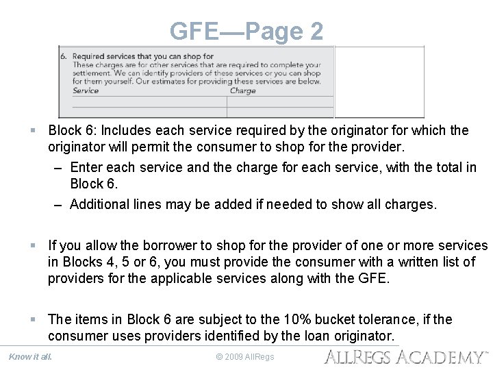 GFE—Page 2 § Block 6: Includes each service required by the originator for which