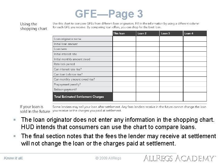 GFE—Page 3 § The loan originator does not enter any information in the shopping