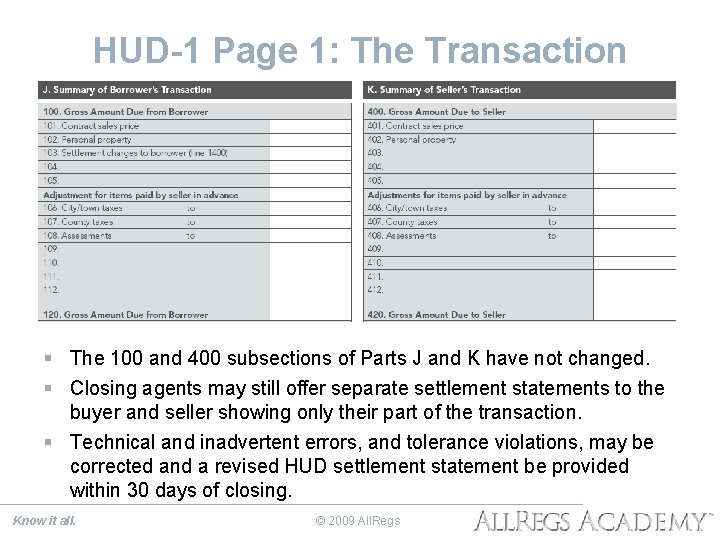 HUD-1 Page 1: The Transaction § The 100 and 400 subsections of Parts J