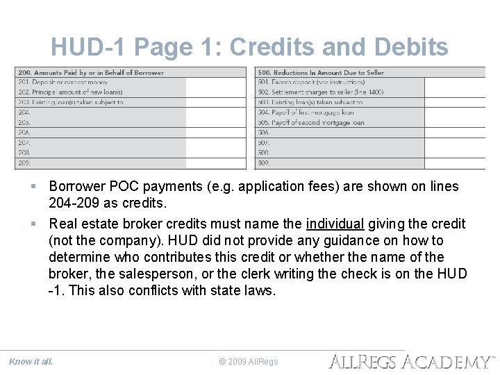 HUD-1 Page 1: Credits and Debits § Borrower POC payments (e. g. application fees)