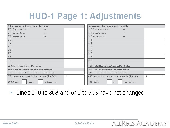 HUD-1 Page 1: Adjustments § Lines 210 to 303 and 510 to 603 have