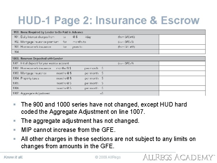 HUD-1 Page 2: Insurance & Escrow § The 900 and 1000 series have not