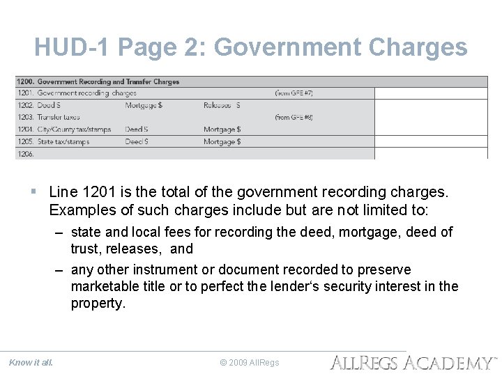 HUD-1 Page 2: Government Charges § Line 1201 is the total of the government