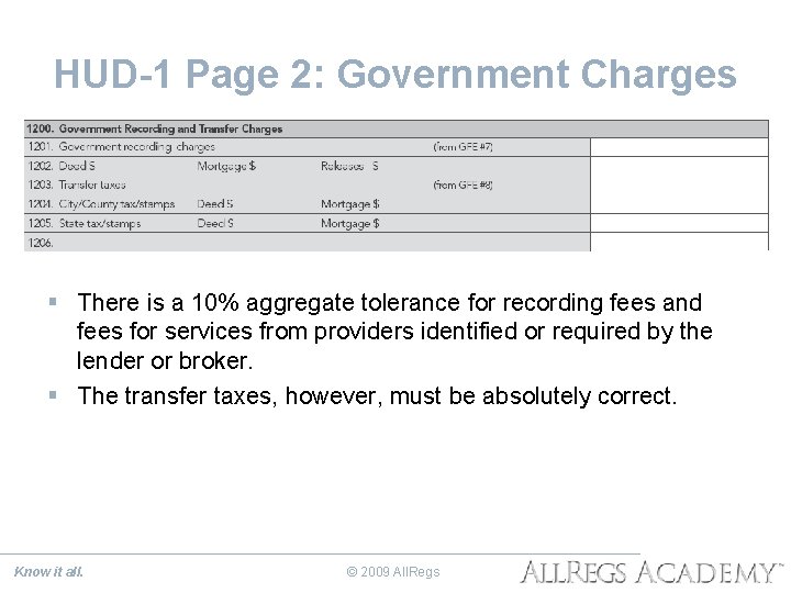 HUD-1 Page 2: Government Charges § There is a 10% aggregate tolerance for recording