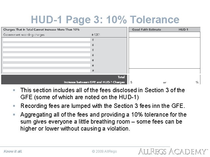 HUD-1 Page 3: 10% Tolerance § This section includes all of the fees disclosed