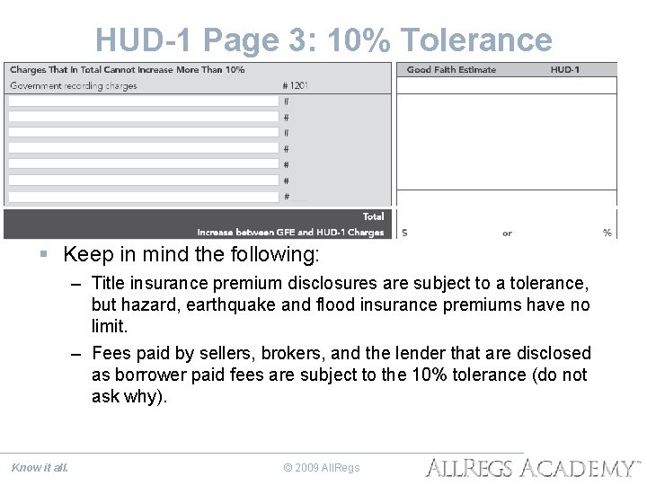 HUD-1 Page 3: 10% Tolerance § Keep in mind the following: – Title insurance