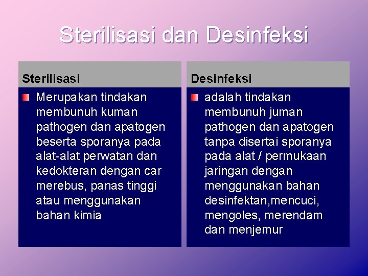 Sterilisasi dan Desinfeksi Sterilisasi Merupakan tindakan membunuh kuman pathogen dan apatogen beserta sporanya pada