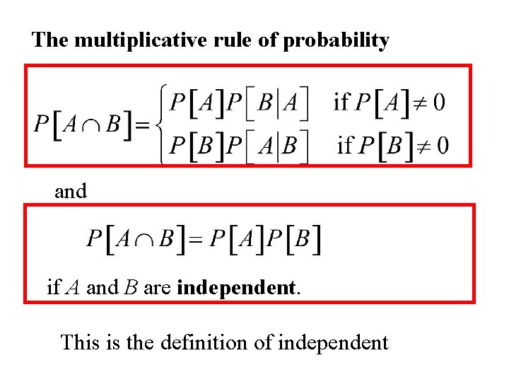 The multiplicative rule of probability and if A and B are independent. This is