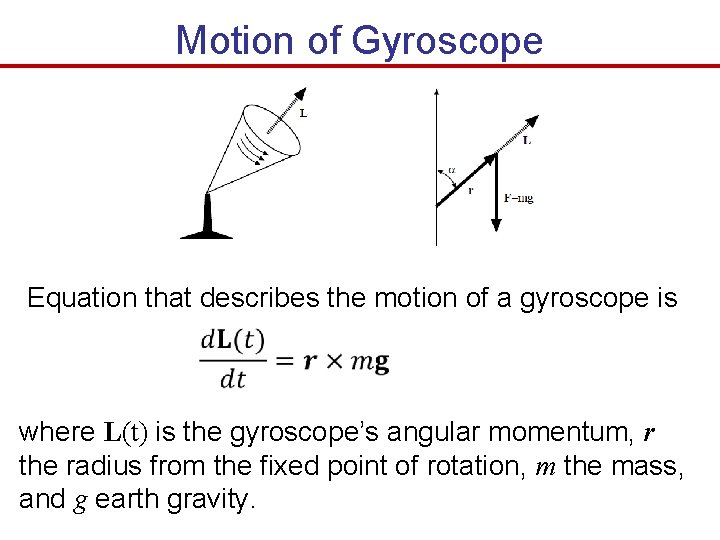 Motion of Gyroscope Equation that describes the motion of a gyroscope is where L(t)