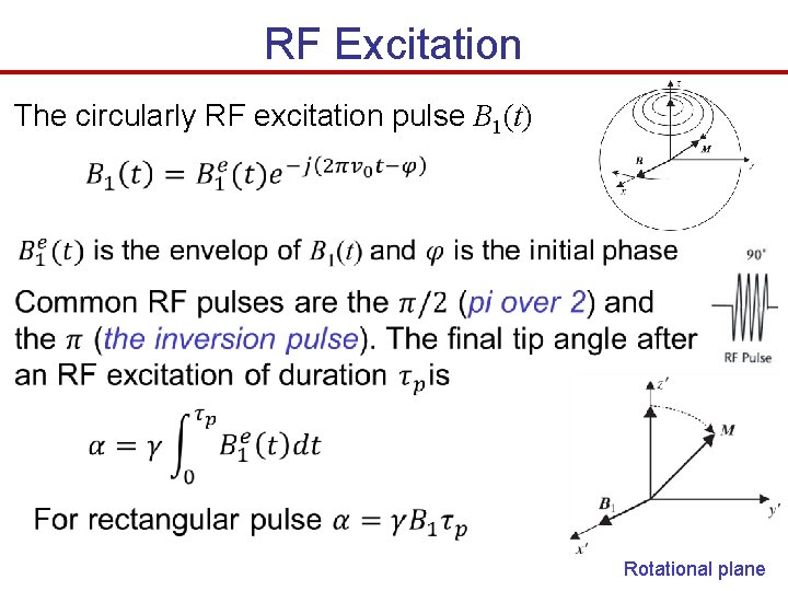 RF Excitation The circularly RF excitation pulse B 1(t) Rotational plane 