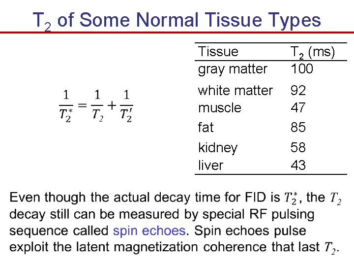 T 2 of Some Normal Tissue Types Tissue gray matter T 2 (ms) 100
