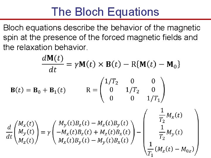 The Bloch Equations Bloch equations describe the behavior of the magnetic spin at the