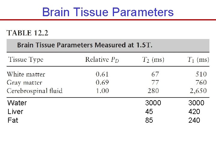 Brain Tissue Parameters Water Liver Fat 3000 45 85 3000 420 240 