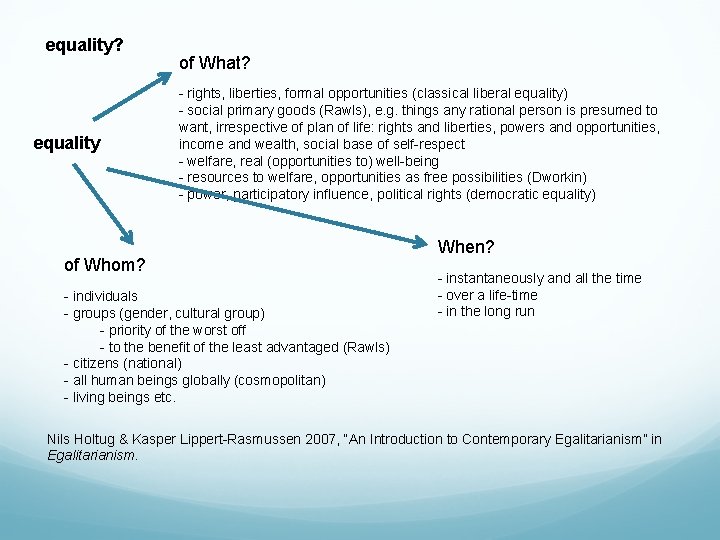 equality? equality of What? - rights, liberties, formal opportunities (classical liberal equality) - social