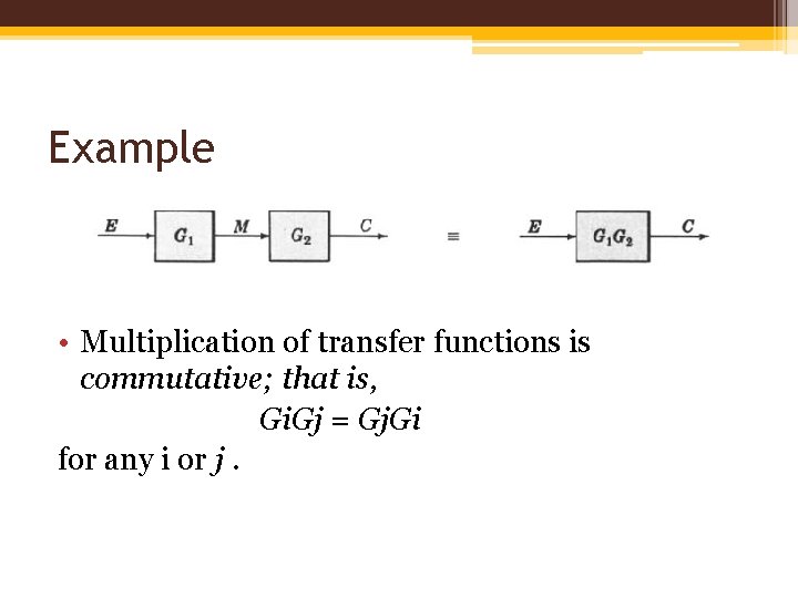 Example • Multiplication of transfer functions is commutative; that is, Gi. Gj = Gj.