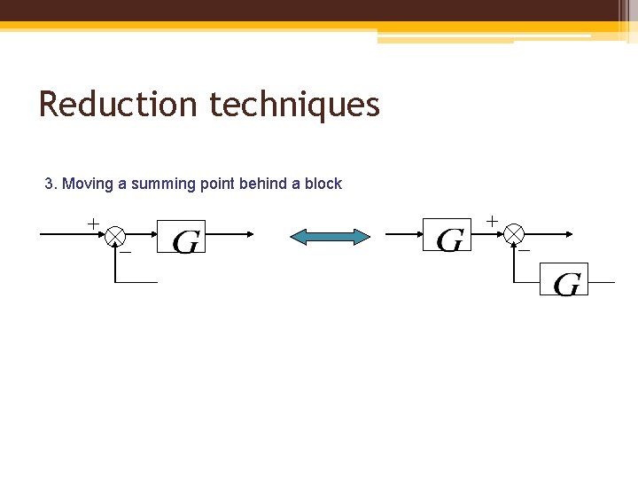 Reduction techniques 3. Moving a summing point behind a block 