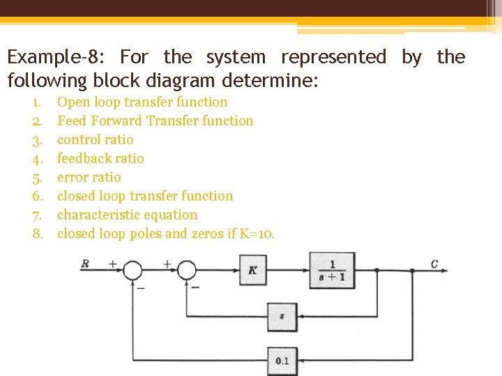 Example-8: For the system represented by the following block diagram determine: 1. 2. 3.