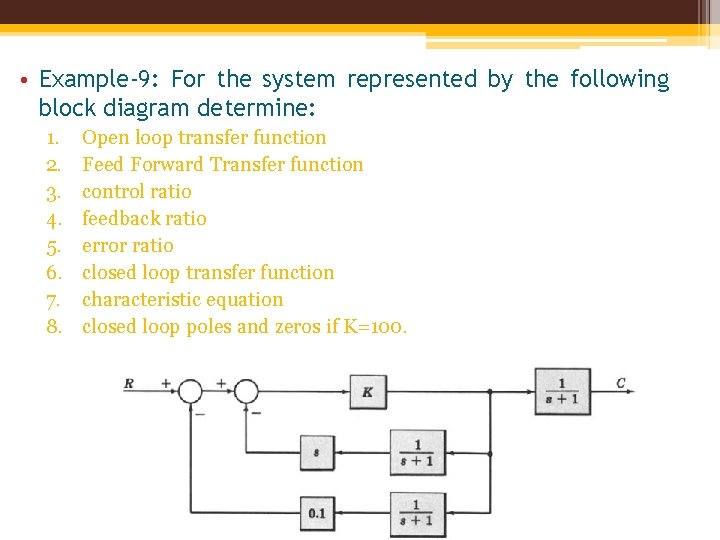  • Example-9: For the system represented by the following block diagram determine: 1.