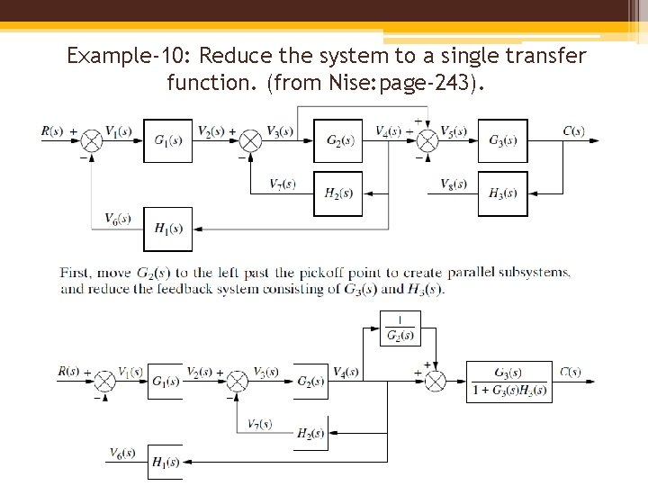 Example-10: Reduce the system to a single transfer function. (from Nise: page-243). 