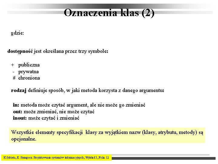 Oznaczenia klas (2) gdzie: dostępność jest określana przez trzy symbole: + publiczna - prywatna