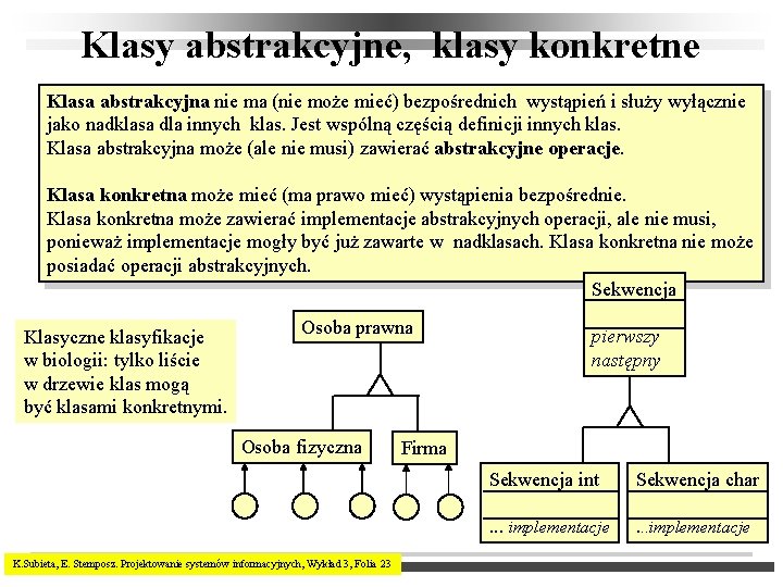 Klasy abstrakcyjne, klasy konkretne Klasa abstrakcyjna nie ma (nie może mieć) bezpośrednich wystąpień i