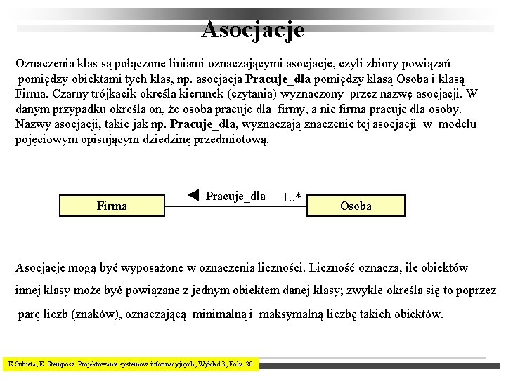 Asocjacje Oznaczenia klas są połączone liniami oznaczającymi asocjacje, czyli zbiory powiązań pomiędzy obiektami tych