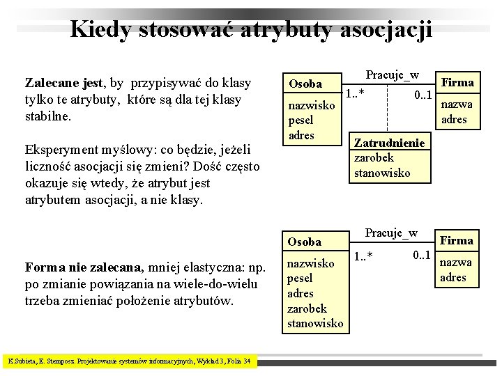 Kiedy stosować atrybuty asocjacji Zalecane jest, by przypisywać do klasy tylko te atrybuty, które