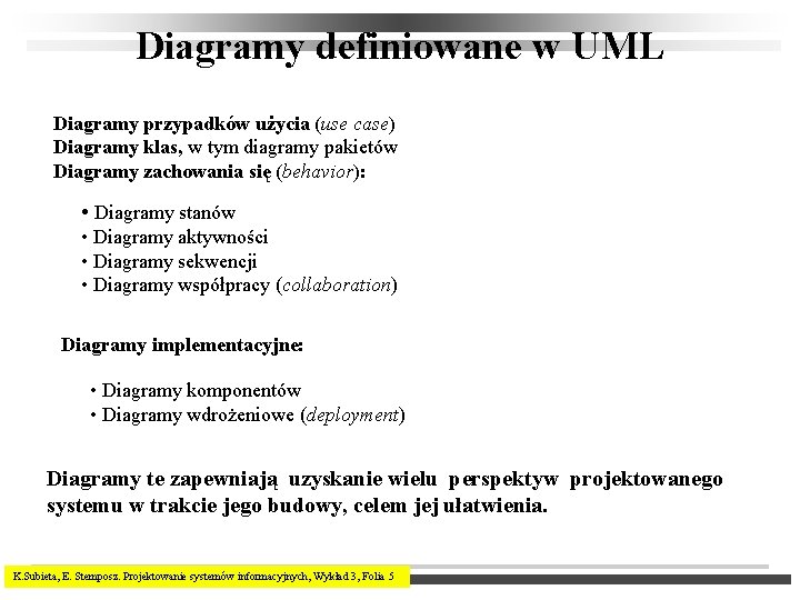 Diagramy definiowane w UML Diagramy przypadków użycia (use case) Diagramy klas, w tym diagramy