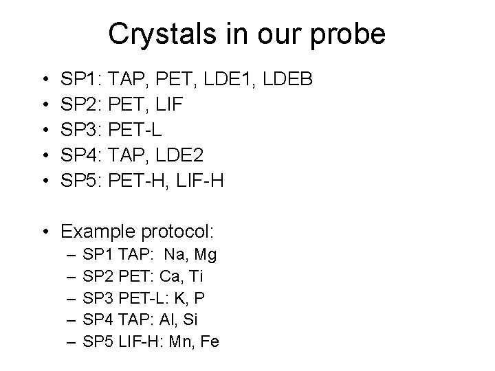 Crystals in our probe • • • SP 1: TAP, PET, LDE 1, LDEB