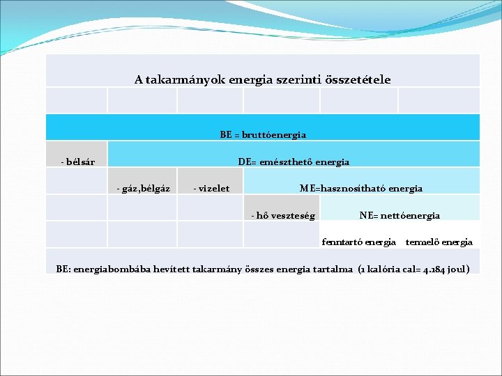 A takarmányok energia szerinti összetétele BE = bruttóenergia - bélsár DE= emészthető energia -