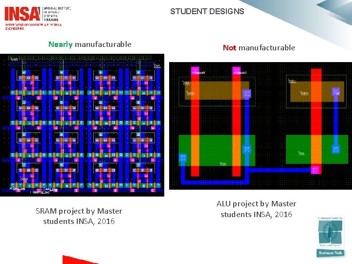 STUDENT DESIGNS Nearly manufacturable SRAM project by Master students INSA, 2016 Not manufacturable ALU