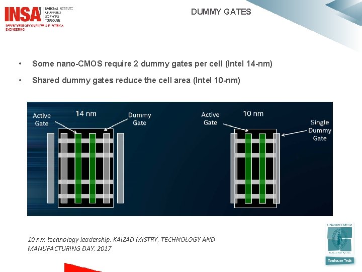 DUMMY GATES • Some nano-CMOS require 2 dummy gates per cell (Intel 14 -nm)