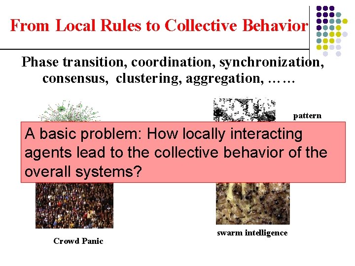 From Local Rules to Collective Behavior Phase transition, coordination, synchronization, consensus, clustering, aggregation, ……