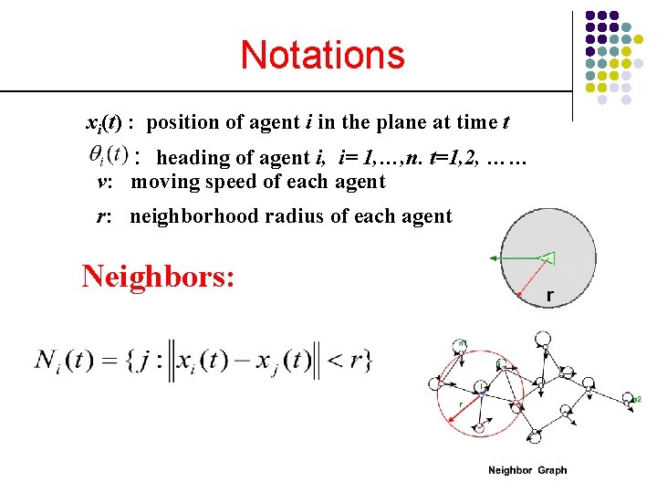 Notations xi(t) : position of agent i in the plane at time t :