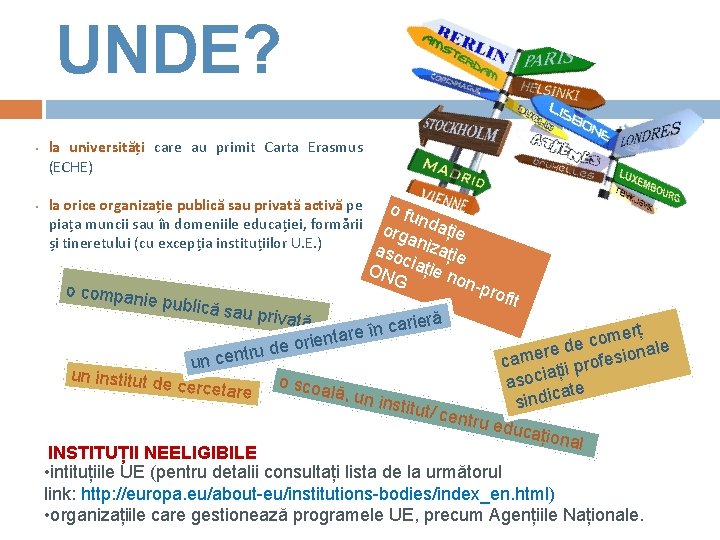 UNDE? • • la universități care au primit Carta Erasmus (ECHE) la orice organizație