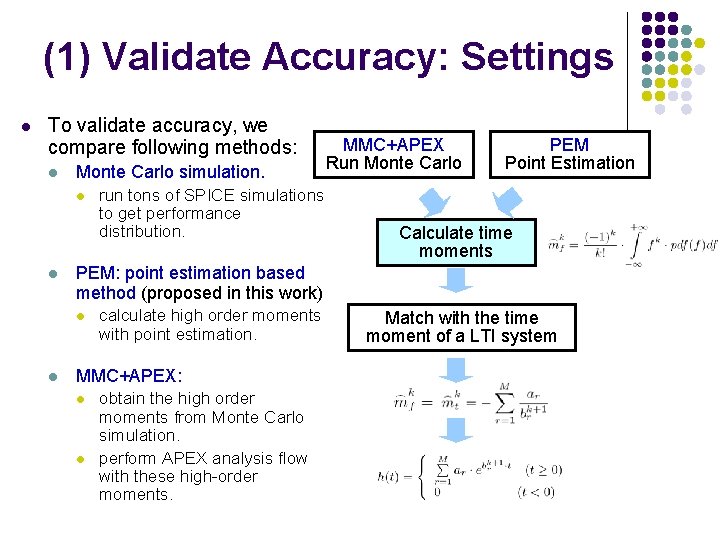 (1) Validate Accuracy: Settings l To validate accuracy, we compare following methods: l Monte