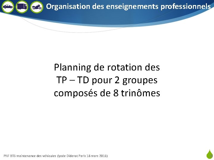 Organisation des enseignements professionnels Planning de rotation des TP – TD pour 2 groupes