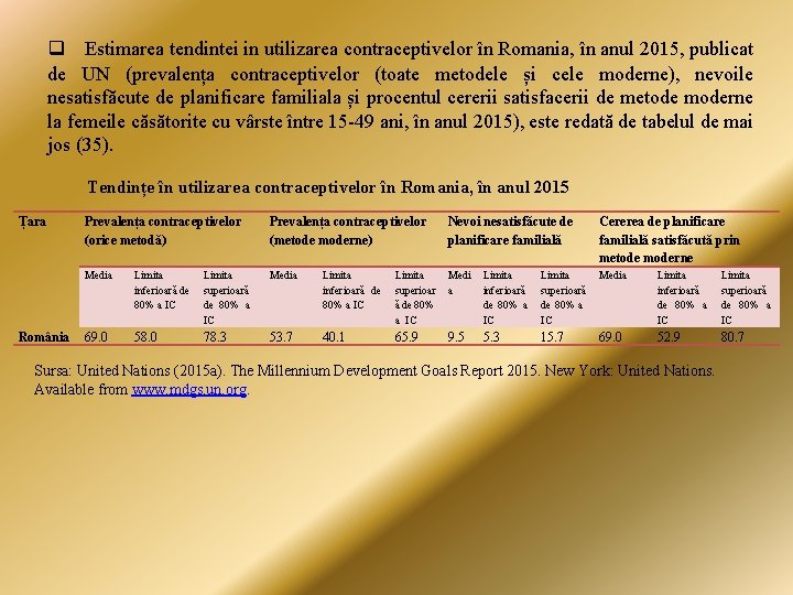 q Estimarea tendintei in utilizarea contraceptivelor în Romania, în anul 2015, publicat de UN