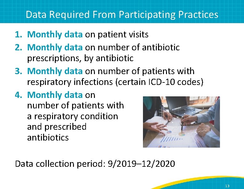 Data Required From Participating Practices 1. Monthly data on patient visits 2. Monthly data