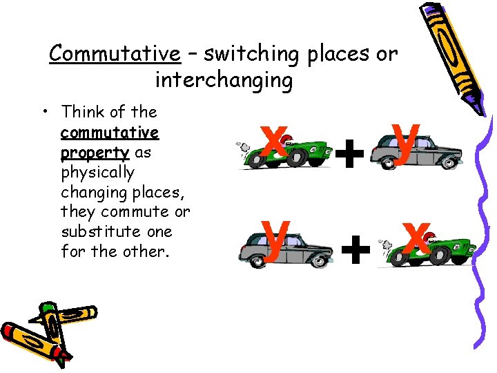 Commutative – switching places or interchanging • Think of the commutative property as physically
