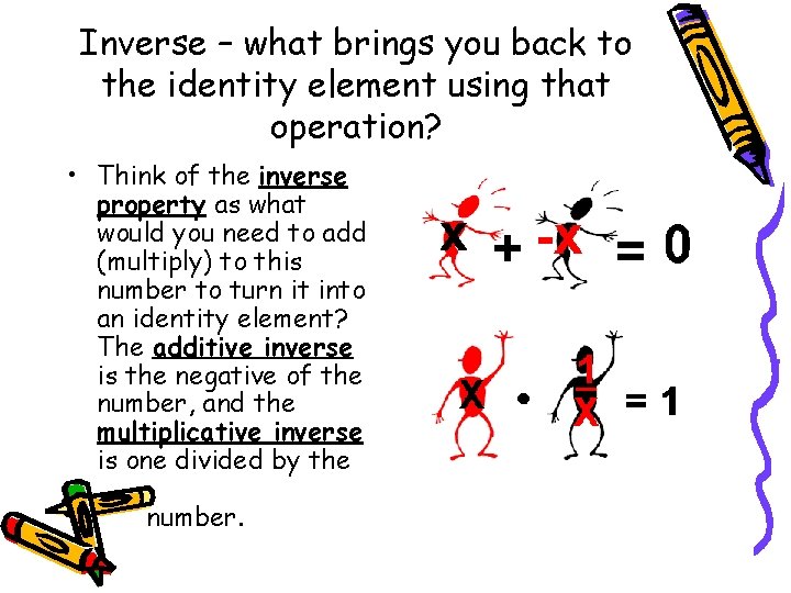 Inverse – what brings you back to the identity element using that operation? •