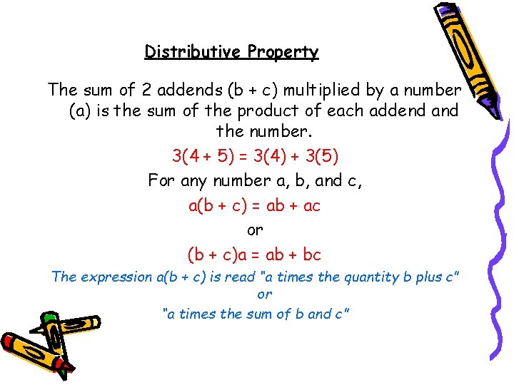 Distributive Property The sum of 2 addends (b + c) multiplied by a number