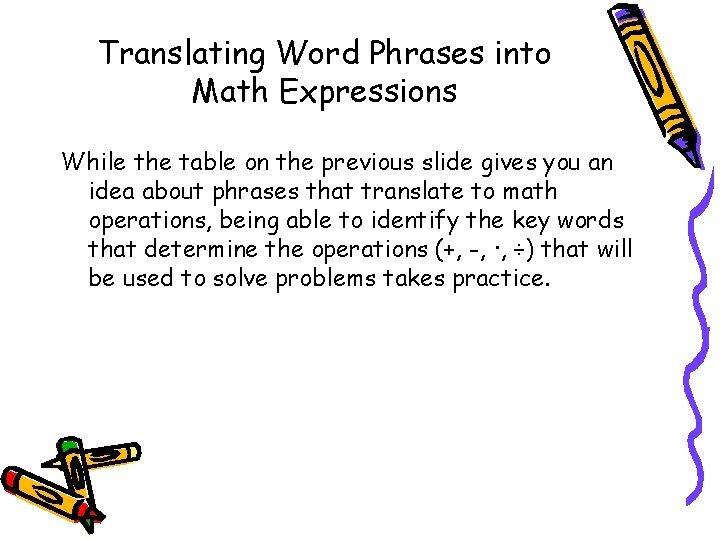 Translating Word Phrases into Math Expressions While the table on the previous slide gives