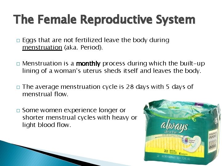 The Female Reproductive System � � Eggs that are not fertilized leave the body