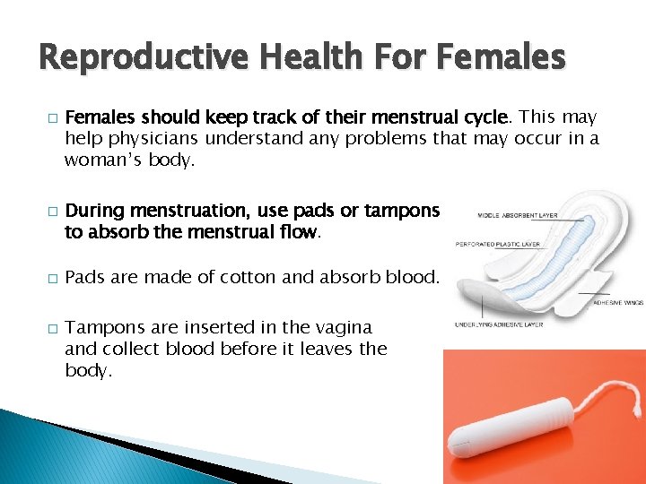 Reproductive Health For Females � � Females should keep track of their menstrual cycle.